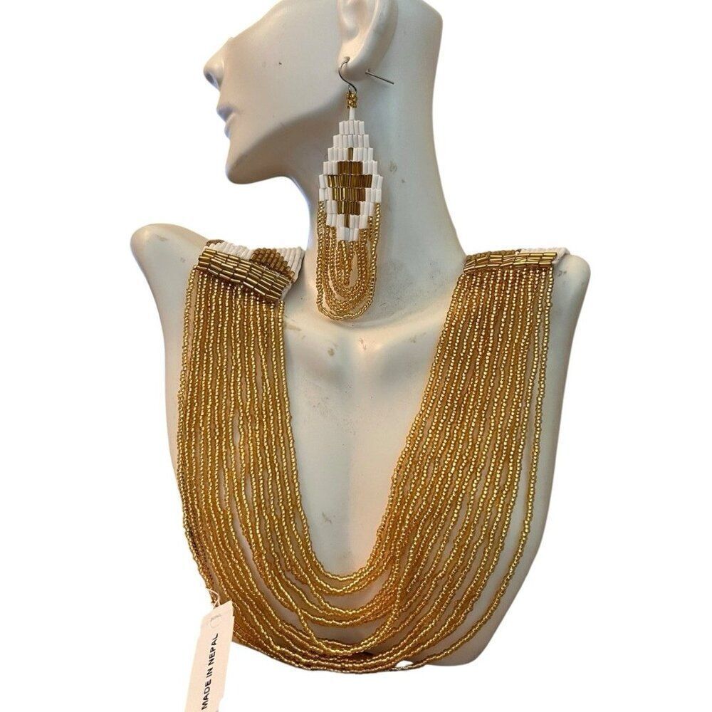 Himalayan Nepal White Gold Beaded Layered Necklace Metallic + Earrings Seed Bead